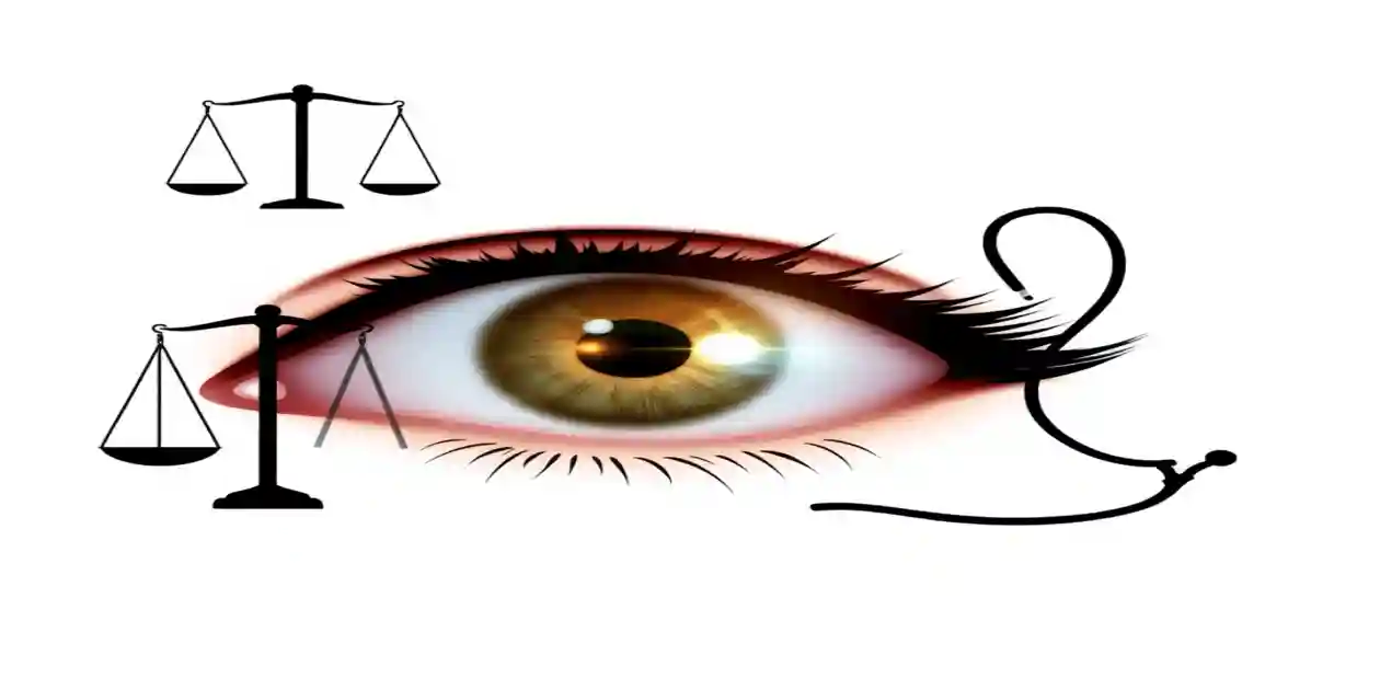 Saxenda Vision Loss Lawyer feature image eye wide open will scales of justice in front and back of eye on solid white background