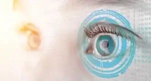 Detailed close up vieww of an blue eye in high definition used in Zepbound eye problems