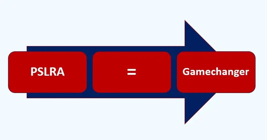 Blue arrow with 3 boxes on top PSLRA = Game changer in Securities Litigation