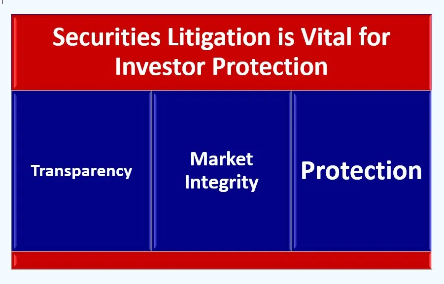 • Diagram showing on how Securities Litigation is Vital for Investor Protection, white foreground, blue background