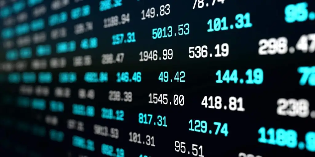 Digital screen of Stock Market with updating stats, number of sales, percentage, growth, decline. Abstract financial background, economic report, forecast. Investments, banking, commerce.