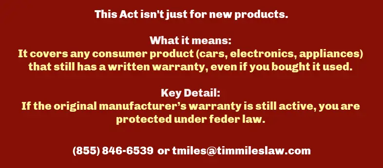 Magnuson-Moss Warranty Act Graphic explaining the Magnuson-Moss Warranty Act: Dealers cannot force brand-name parts and must prove an aftermarket part caused failure to deny coverage