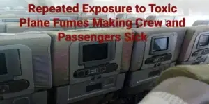 empty plane cabin with note over in red stating "Repeated Exposure to Toxic Plane Fumes Making Crew and Passengers Sick"