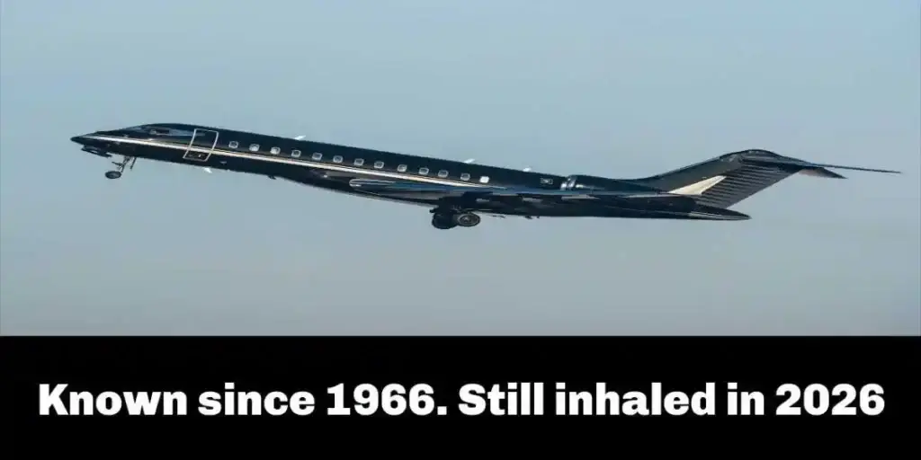 black passenger plane taking off on a sunny day in blue sky; used in exposure to toxic plane fumes