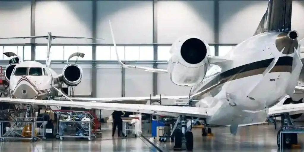 Maintenance of airplane in large white hangar. Modern private jet at the factory used in Symptoms of Aerotoxic Syndrome