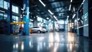 A modern, well-lit auto repair shop interior is shown, with a blurred view of a car on a lift and other equipment. The focus is on the reflective floor. Mechanic in work gloves repairs car engine in auto repair shop. Auto mechanic checks vehicle with wrench, fixes issues. Car service, maintenance, engine diagnostic, automotive repair. Mechanic in work gloves repairs car engine in auto repair shop. Auto mechanic checks vehicle with wrench, fixes issues. Car service, maintenance, engine diagnostic, automotive repair. used in Qualify for a GM Transmission Lawsuit