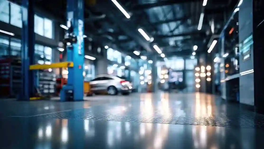 A modern, well-lit auto repair shop interior is shown, with a blurred view of a car on a lift and other equipment. The focus is on the reflective floor. Mechanic in work gloves repairs car engine in auto repair shop. Auto mechanic checks vehicle with wrench, fixes issues. Car service, maintenance, engine diagnostic, automotive repair. Mechanic in work gloves repairs car engine in auto repair shop. Auto mechanic checks vehicle with wrench, fixes issues. Car service, maintenance, engine diagnostic, automotive repair. used in Qualify for a GM Transmission Lawsuit