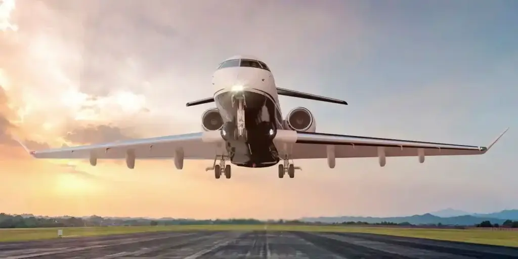 Private jet taking off from runway at sunrise, aviation technology and business travel concept. Used in Exposure to Toxic Airplane Fumes