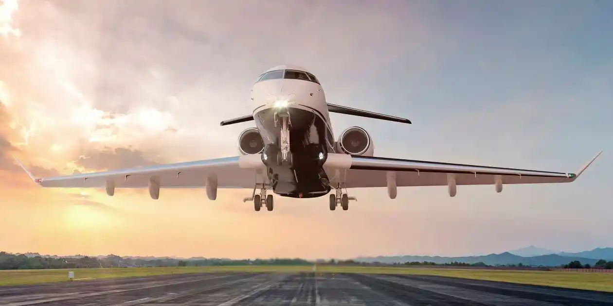 Private jet taking off from runway at sunrise, aviation technology and business travel concept. Used in Symptoms of Aerotoxic Syndrome