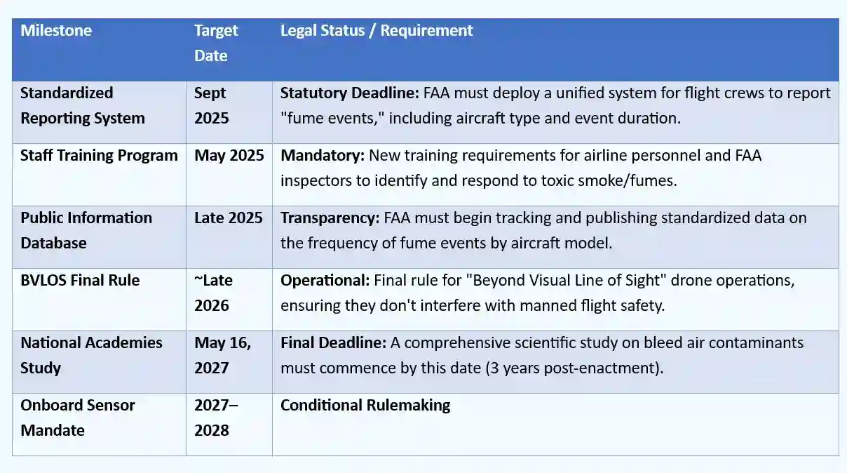 FAA timeline for clean air and fule event implementation used in cabin air contamination