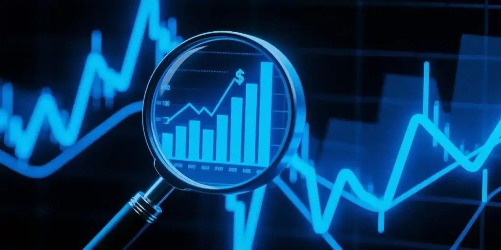 A magnifying glass over a financial chart, illustrating market analysis and business concepts, in blue light against a dark background. used in Babcock & Wilcox class action lawsuit