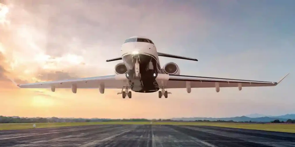 Private jet taking off from runway at sunrise, aviation technology and business travel concept.used in Aerotoxic Syndrome Lawyer