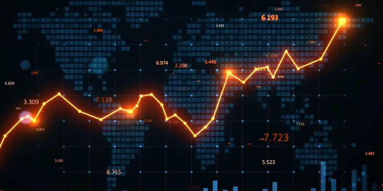Financial upward chart line and bar chart over a digital world map interface, glowing orange on a dark blue background. Concept of global economy. 3D Rendering used in Nektar class action lawsuit