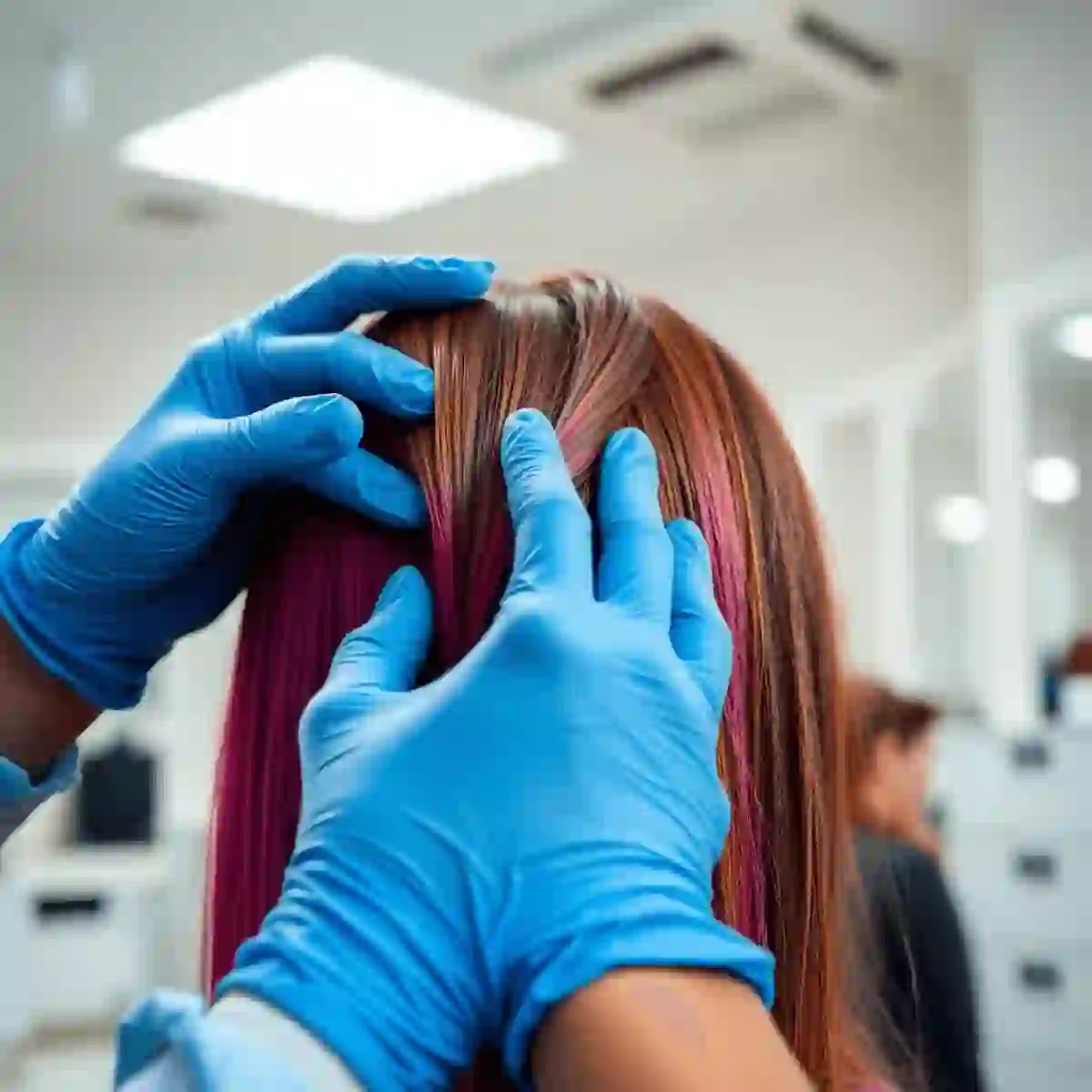 [Colorist applying dye wearing nitrile gloves at a ventilated station used in Hair Dye and Cancer Risks