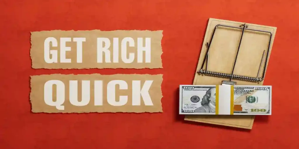 Financial Scam Concept. Mouse Trap With Dollar Bills Next To Get Rich Quick Text On Red Background. 3d Rendering wegovy and naion