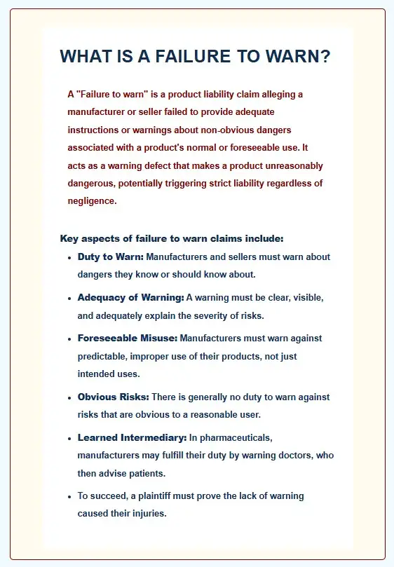 WHAT IS A FAILURE TO WARN AND DEFINITION USED IN SAXENDA VISION LOSS LAWSUIT