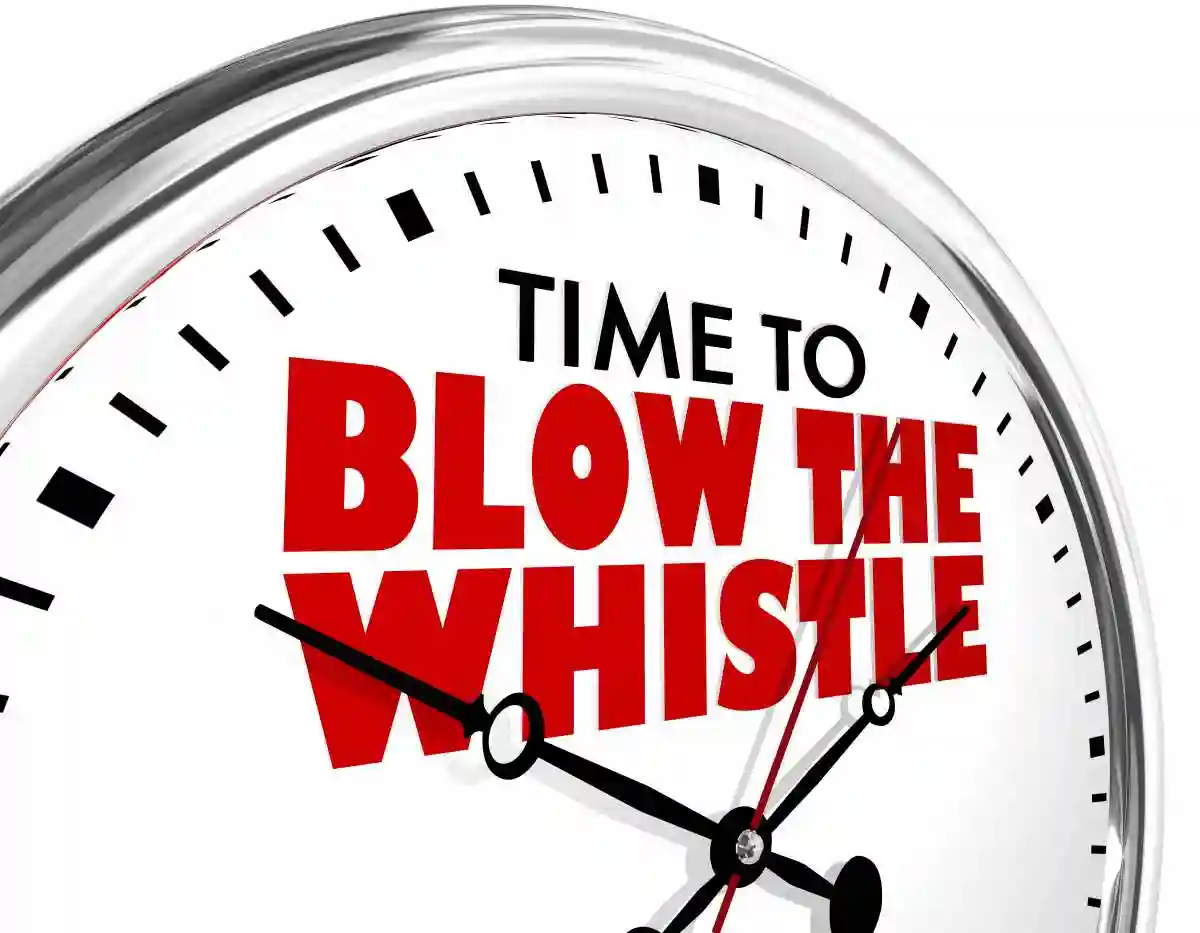 Time to Blow the Whistle Clock Words 3d Illustration used in Whistleblower Lawsuit in Nashville