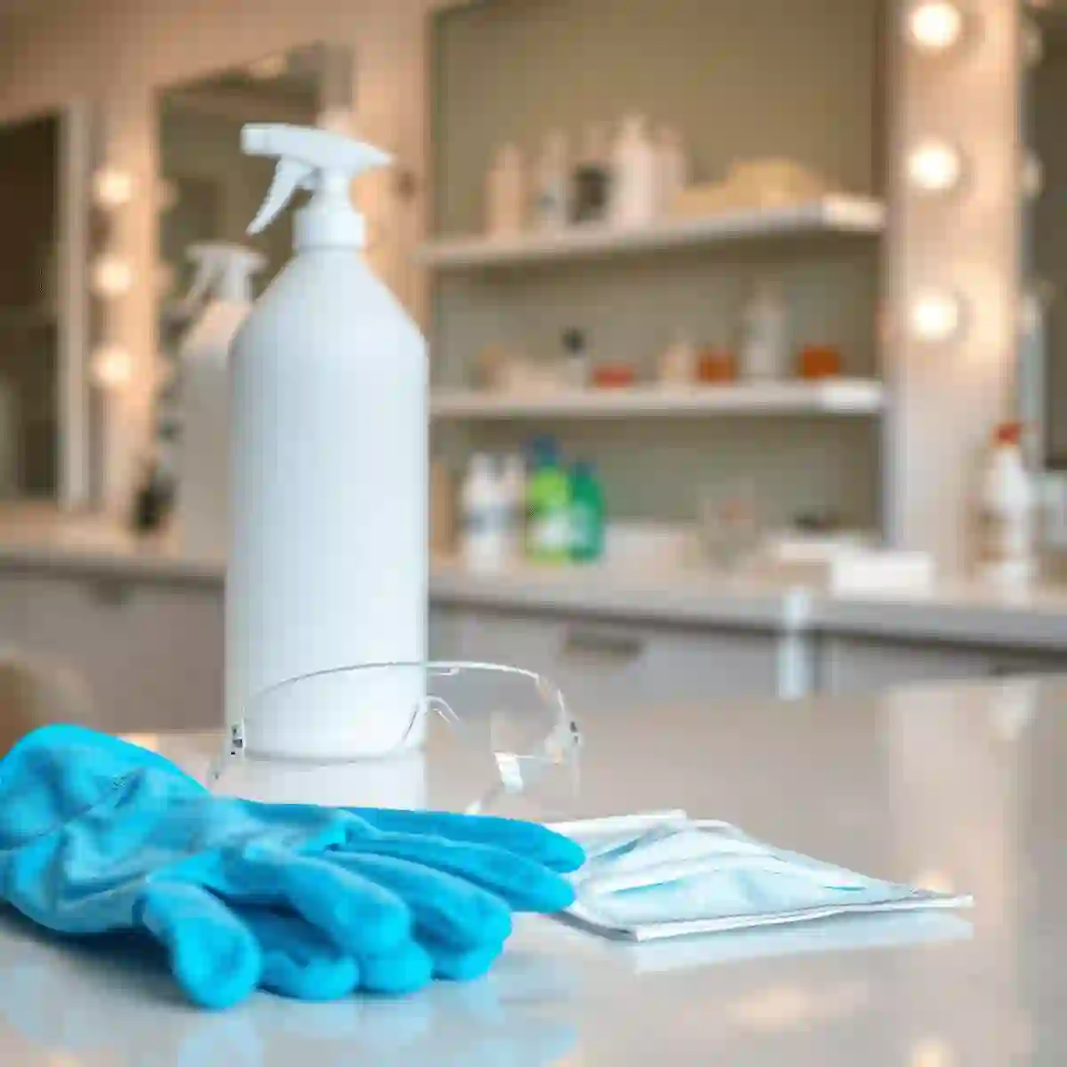 Bright salon workspace with gloves, goggles, and face mask neatly arranged on countertop, bottles of salon chemicals in the softly lit background. Compensation in a Hair Dye Lawsuit