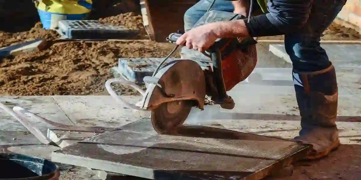 Construction worker cutting concrete paving tiles with petrol concrete cutter saw and water dust suppressor on construction site
used in Silicosis Lawsuit Update