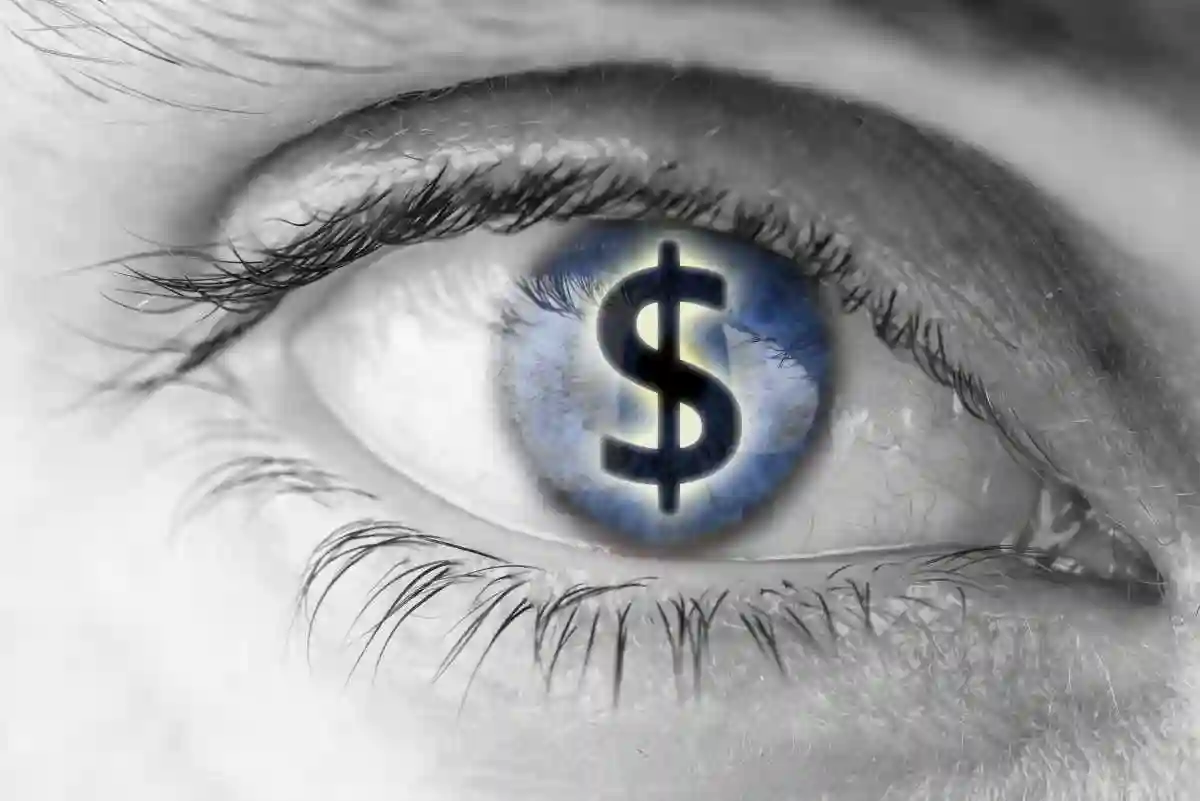 Dollar sign in human pupil. Greed concept. ZEPBOUND EYE PROBLEMS