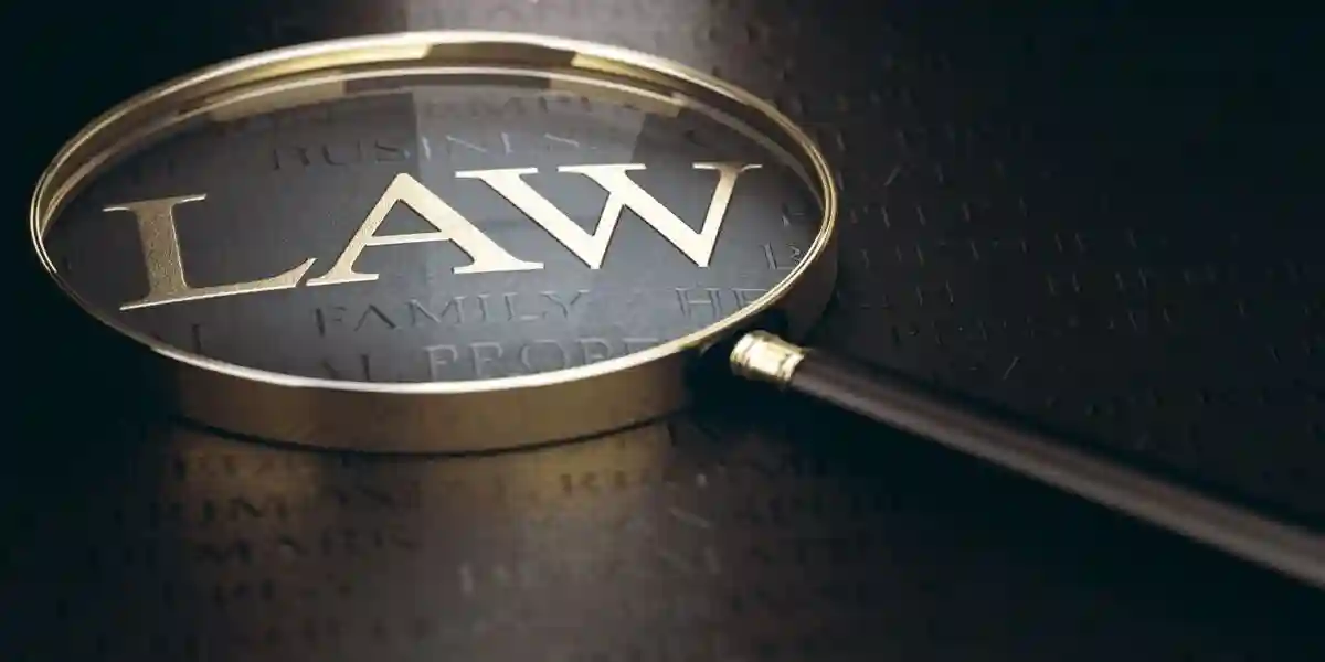 Word law written in golden letters over black background and magnifying glass. 3d illustration. Birth Injury Compensation