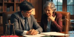 Attorney comforting a distressed parent at a wooden desk in a warmly lit office with legal books and scales of justice nearby.