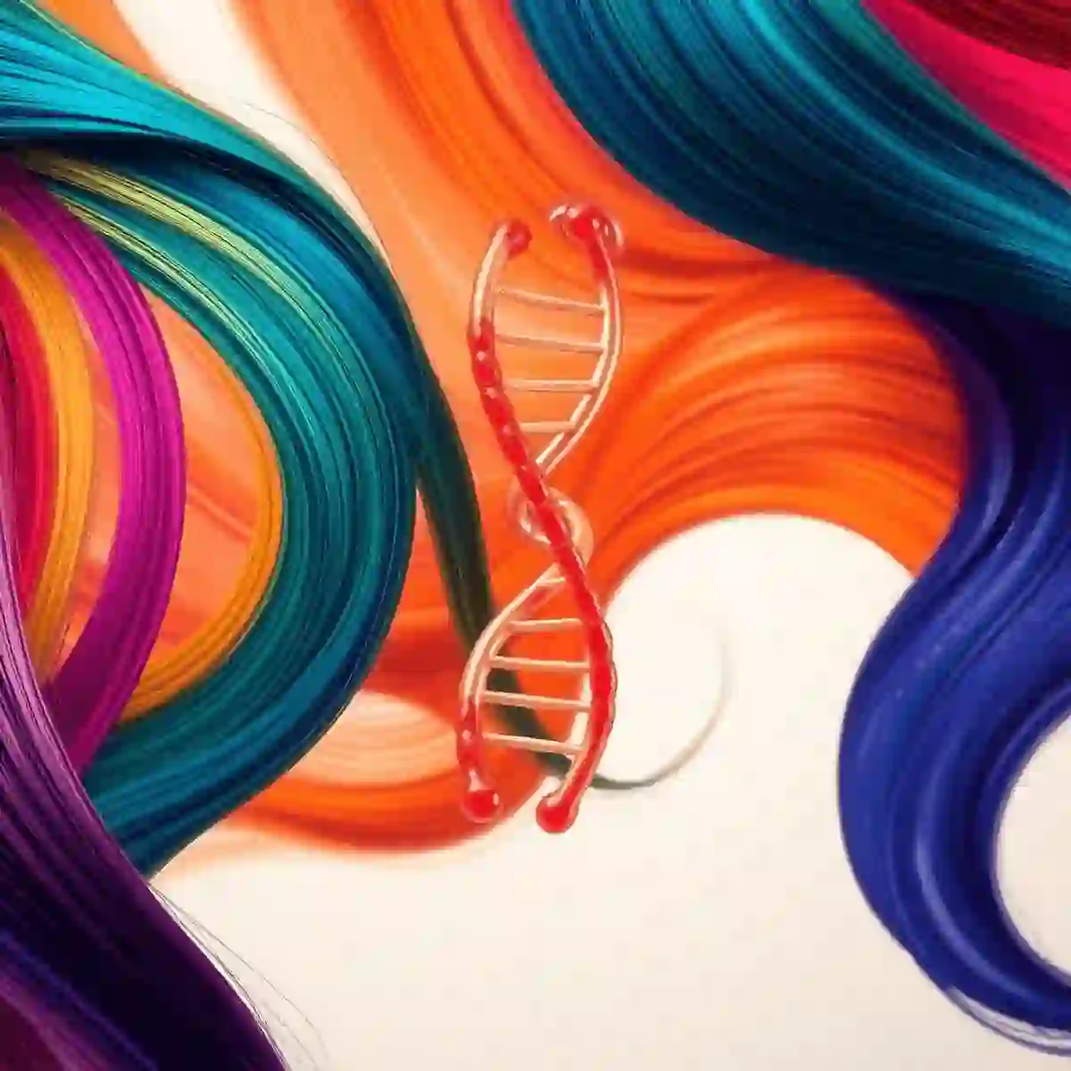 Close-up of vibrant hair dye colors swirling in water with abstract DNA strands intertwined against a soft, neutral background. used in Hair Dye Cancer Lawsuits