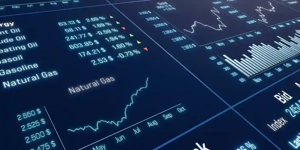 Natural gas chart moving up, commodity trading. Chart, market data, business, investment, risk. 3D illustration used in ChampionX class action lawsuit