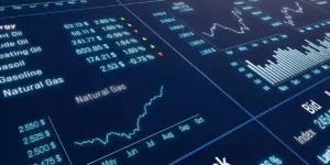 Natural gas chart moving up, commodity trading. Chart, market data, business, investment, risk. 3D illustration used in ChampionX class action lawsuit