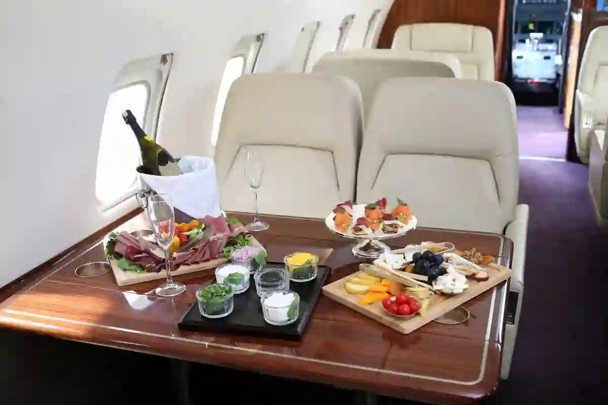 Tray with delicious food on the plane, business class travel used in Toxic Fume Exposure 