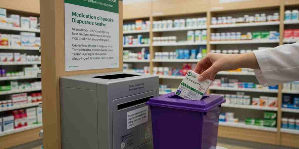 A pharmacy, with a deposit box for expired medicines and next to it a purple box with one hand depositing a medicine box Depo-Provera Meningioma Attorney in Tennessee