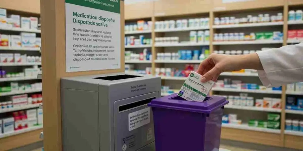 A pharmacy, with a deposit box for expired medicines and next to it a purple box with one hand depositing a medicine box Brain Tumor Side Effects of Depo-Provera