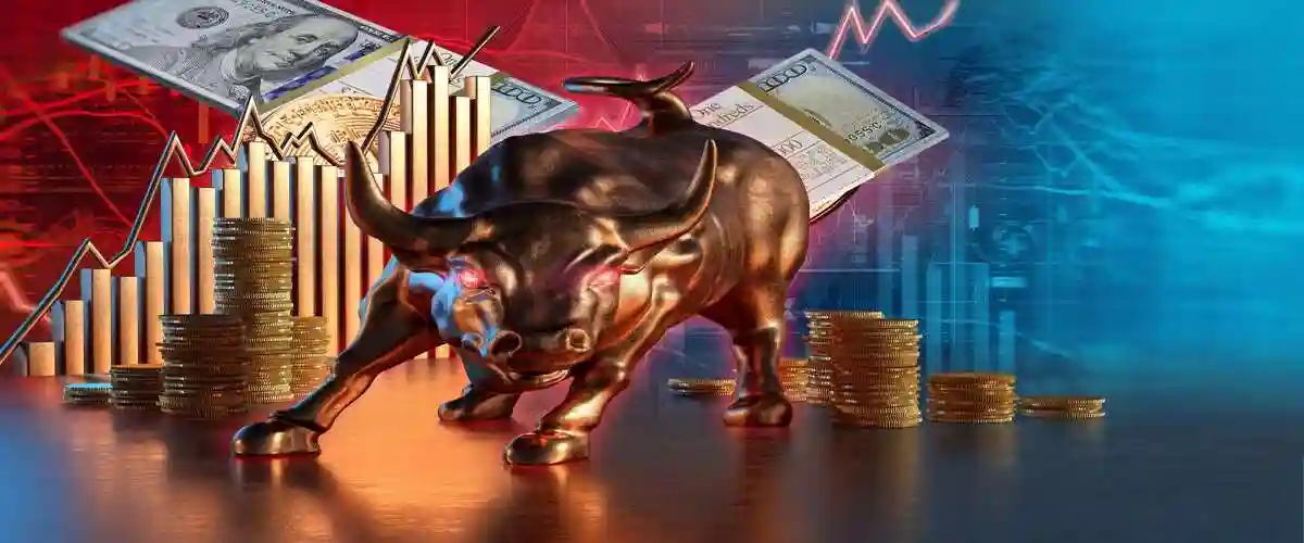 Bull, coins stack, financial business market graph growth, economic background. Global economy finance market crisis, crypto currency bitcoin chart stock, gold trade, money price inflation arrows, 3D used in Securities Litigation and Corporate Governance 