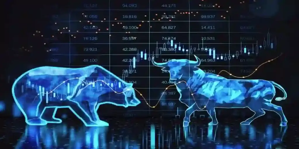 Abstract bearish and bullish forex chart on blurry background. Stock market exchange and financial analysis. 3D Rendering used in