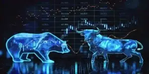 Abstract bearish and bullish forex chart on blurry background. Stock market exchange and financial analysis. 3D Rendering used in