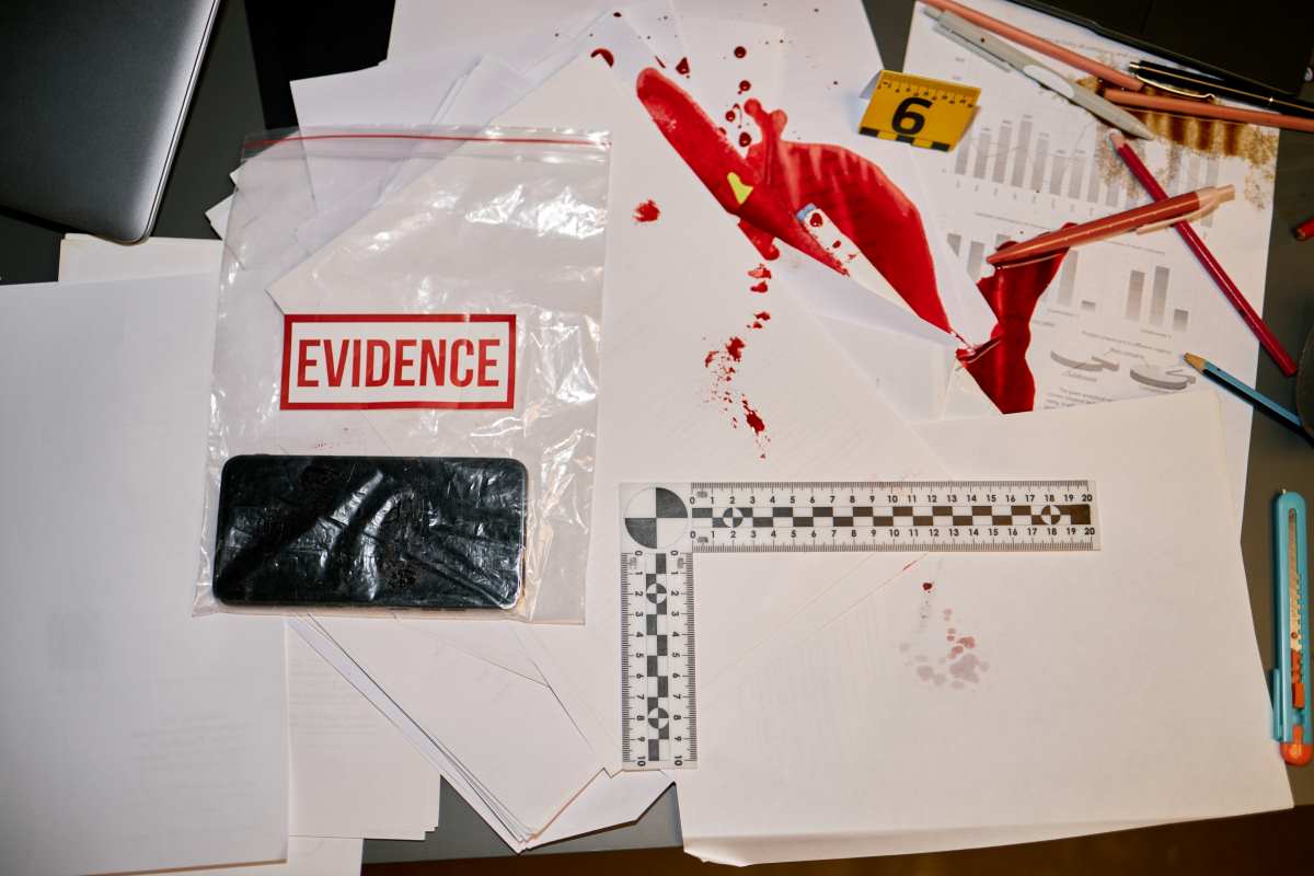 Evidence bag containing phone with spilled blood on papers and crime scene marker nearby, along with ruler and pens. Scene arranged on dark reflective table
