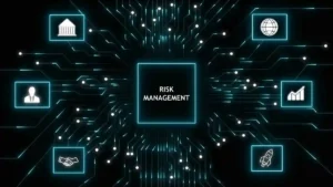 Digital network with risk management icons and glowing circuits abstract background used in