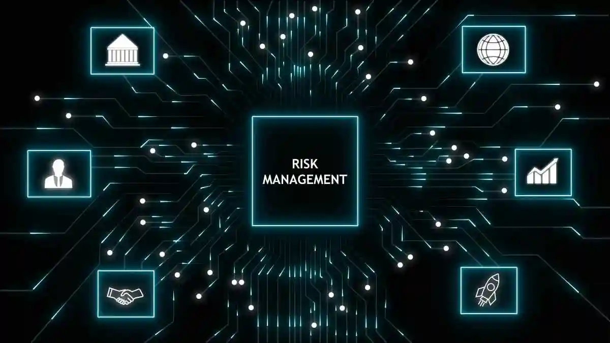 Digital network with risk management icons and glowing circuits abstract background used in Manipulating inventory leads to securities litigation,