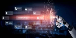 A robotic hand touches a digital compliance interface, emphasizing the intersection of technology and business regulation in a modern urban environment. Ledger