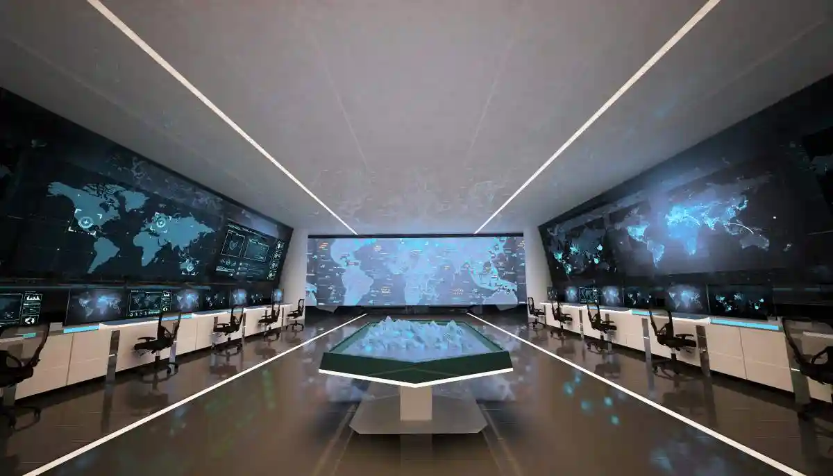 Command center interior, holographic table, office with big screens, 3D rendering, 3D illustration

