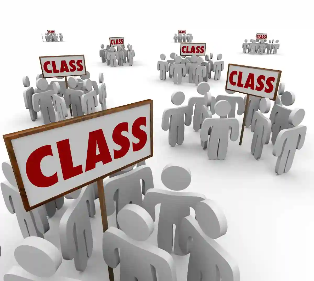 Class signs and people or students gathered in groups around them to illustrate courses in a school, or a legal class action lawsuit in court Opt-Out of a Securities Class Action Lawsuit