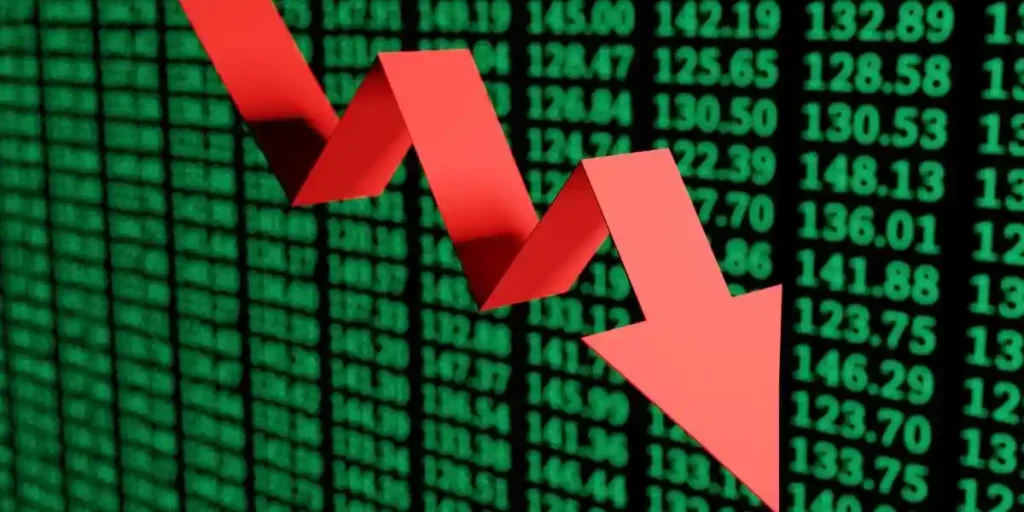 Red down arrow in front of a green screen of stock prices. 3D illustration of the crash of stock markets