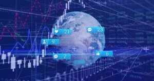 Displaying 3D Earth globe rotating on dashboard, with floating candlestick charts and social icons. Global, technology, finance, analytics, innovation, data visualization, digital