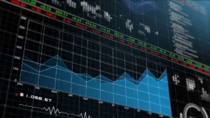 3D Futuristic finance stock exchange market chart computer screen bull market price rise up line graph and bar graph with auto trading computer coding artificial intelligence technology, AI trading.