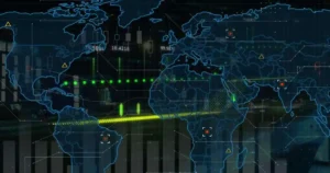 Image of world map and financial data processing against time-lapse of night city traffic. Global finance and business technology concept