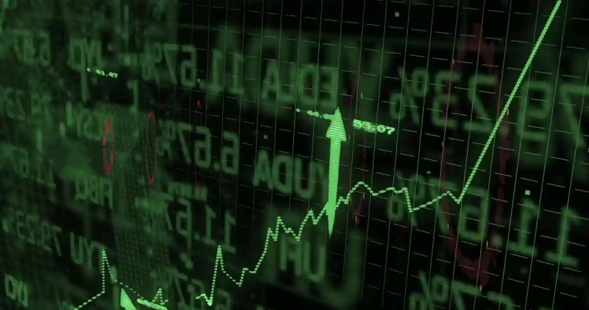 Showing green dotted line stock chart rising on market screen, with upward arrow marker, tickers. Dashboard, trading, finance, uptrend, analytics, data, growth
