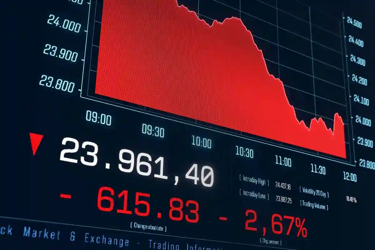 Stock exchange chart moving down, trading screen, market data. Bear market, crash, analyzing, business, risk, volatility, investment. 3D illustration in 