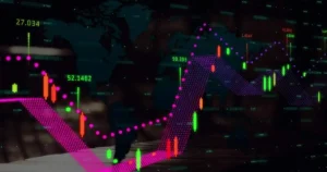 Blog 20 Image of financial data processing over world map against low section of people walking. Global finance and business technology concept