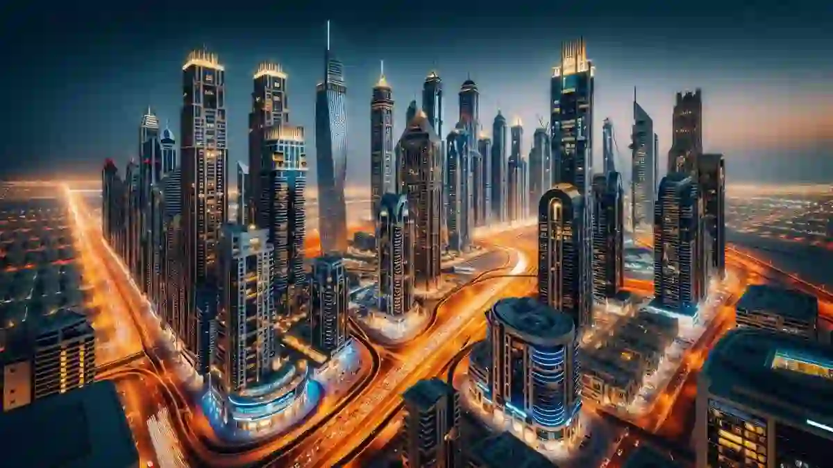 View of Dubai’s financial district, with illuminated skyscrapers and busy streets
