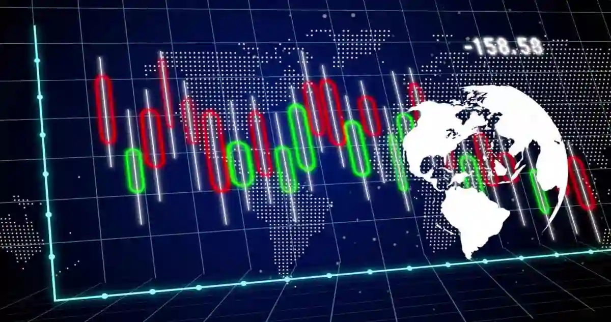 Displaying centered candlesticks pulsing on 3D-grid, world-map, white-globe, neon-axes -158.58. Finance, analytics, dashboard, data, visualization, perspective, futuristic
